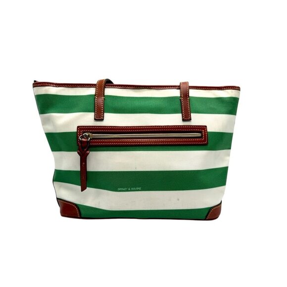 Dooney & Bourke Green & White Striped Canvas Tote Bag With Leather Trim & Red In - Picture 2 of 11